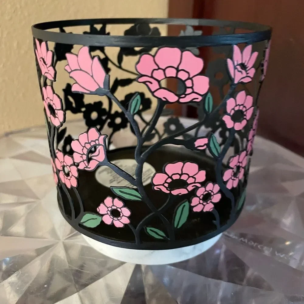 Bath & Body Works Black Metal Pink Poppy Flower Marble Base Candle Holder